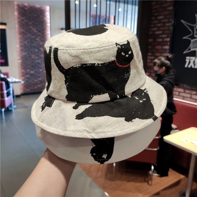 Mũ Tai Bèo Vải Lanh Cotton In Hình Mèo Kitty Dễ Thương Dễ Phối Đồ Cho Nam Và Nữ