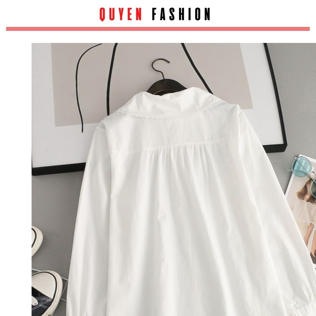 Áo sơ mi cổ thêu hoa công sở Quyên Fashion AA555 màu trắng tay tiểu thư