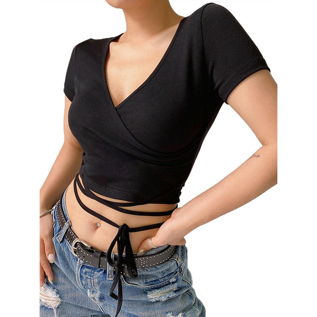 Áo croptop cổ chữ V màu trơn thắt dây thời trang mùa hè cho nữ