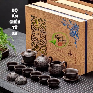 Bộ ấm chén tử sa ⚡ cao cấp ⚡ bộ ấm chén tử sa chạm hình hoa sen