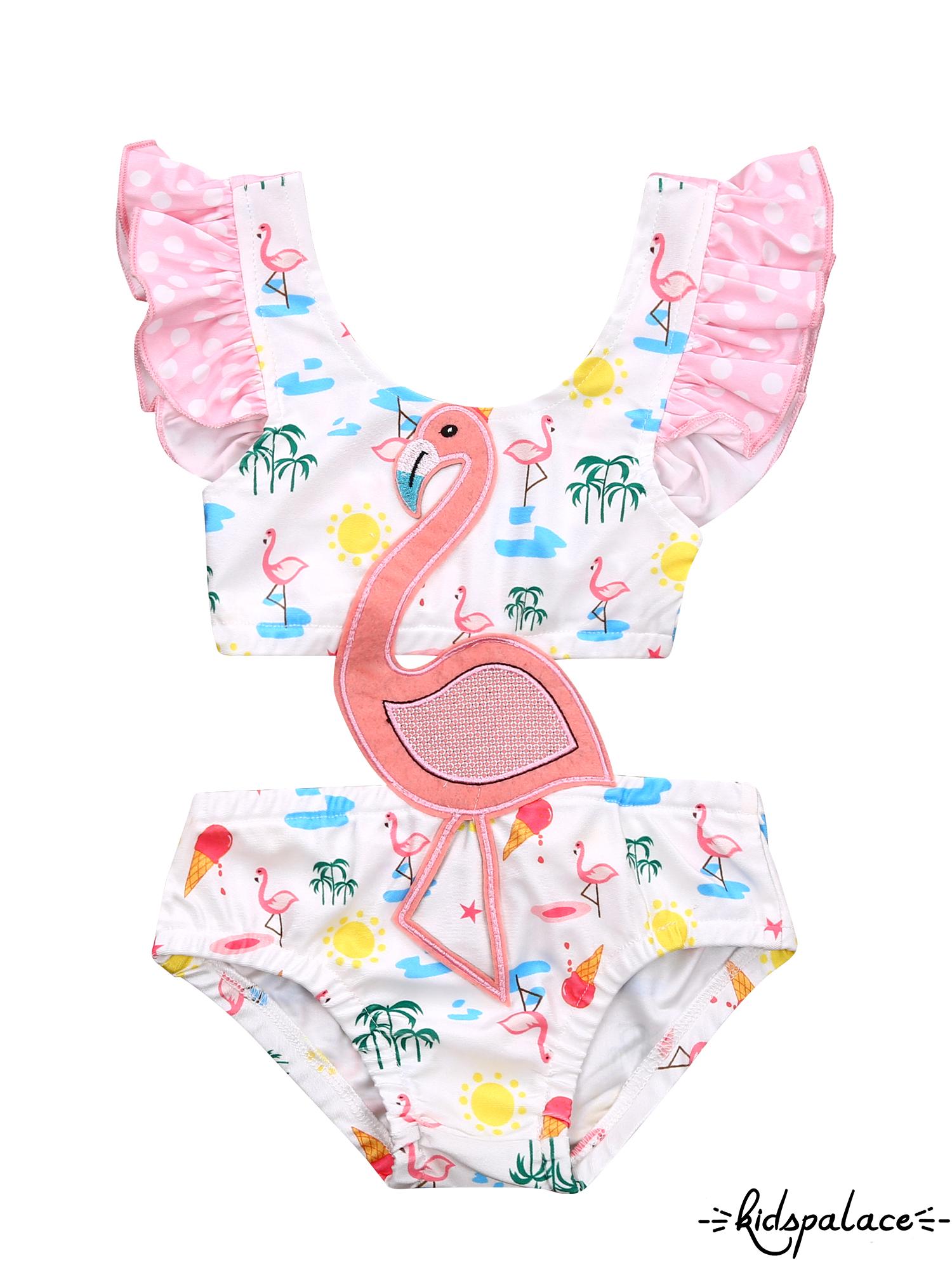 BbQ-Girl’s Sweet Flamingo Print One Piece Swimsuit Fashion Hollow Ruffles Suspender Swimsuit