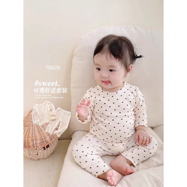 Bộ Thun lạnh dài tay cho bé, bộ thun lạnh hoạ tiết chấm bi cho bé trai bé gái