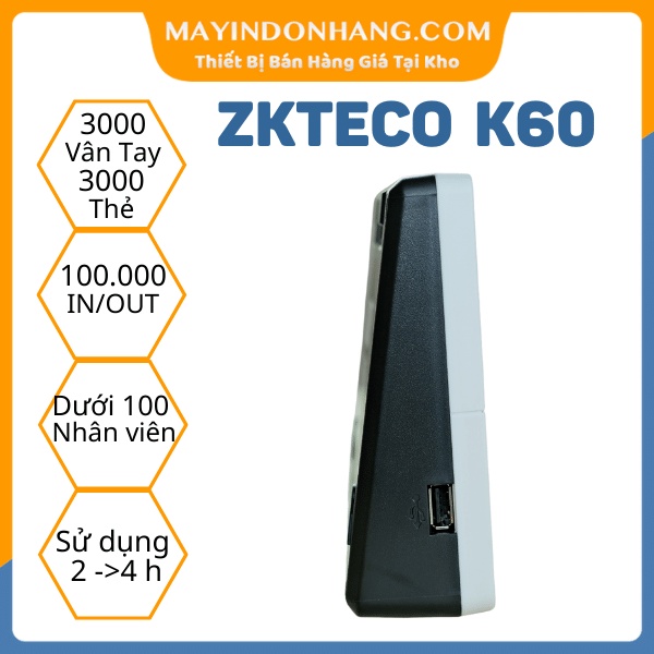 Máy chấm công Zkteco K60 - Phiên Bản 2022 Với 3000 Vân Tay 3000 Thẻ Từ Có Pin Lưu Điện