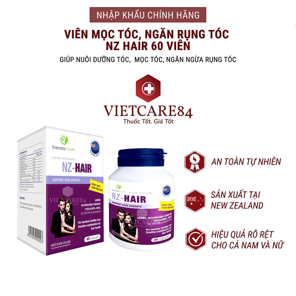 Viên uống mọc tóc nhập khẩu chính hãng New Zealand NZ HAIR (60 viên) giúp ngăn ngừa rụng tóc, tóc mọc nhanh trở lại