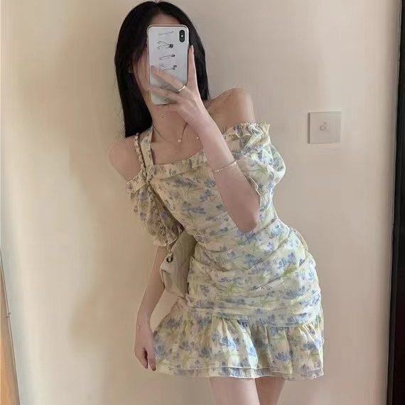Đầm trễ vai Perty họa tiết hoa dáng ngắn phong cách Hàn Quốc thời trang gợi cảm mùa hè cho nữ
