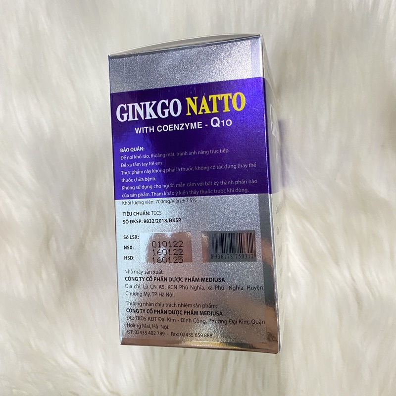 Bổ não GINKGO NATTO Coenzym Q10 tím, hộp 100 viên nang mềm. BỔ NÃO, Tăng cường lưu thông tuần hoàn não