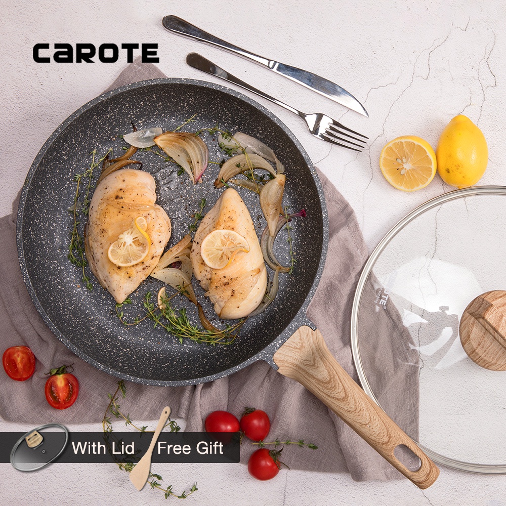 Chảo Chống Dính CAROTE® Essential Woody Frying Skillet 20/24/26/28/30cm Có Nắp Phù Hợp Mọi Loại Bếp Bao Gồm Cả Bếp Từ