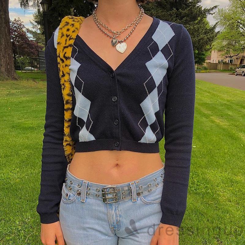 DRESSINGUP-Áo Sweater Dệt Kim Hoạ Tiết In Thiết Kế Cổ Chữ V Thời Trang Cho Nữ