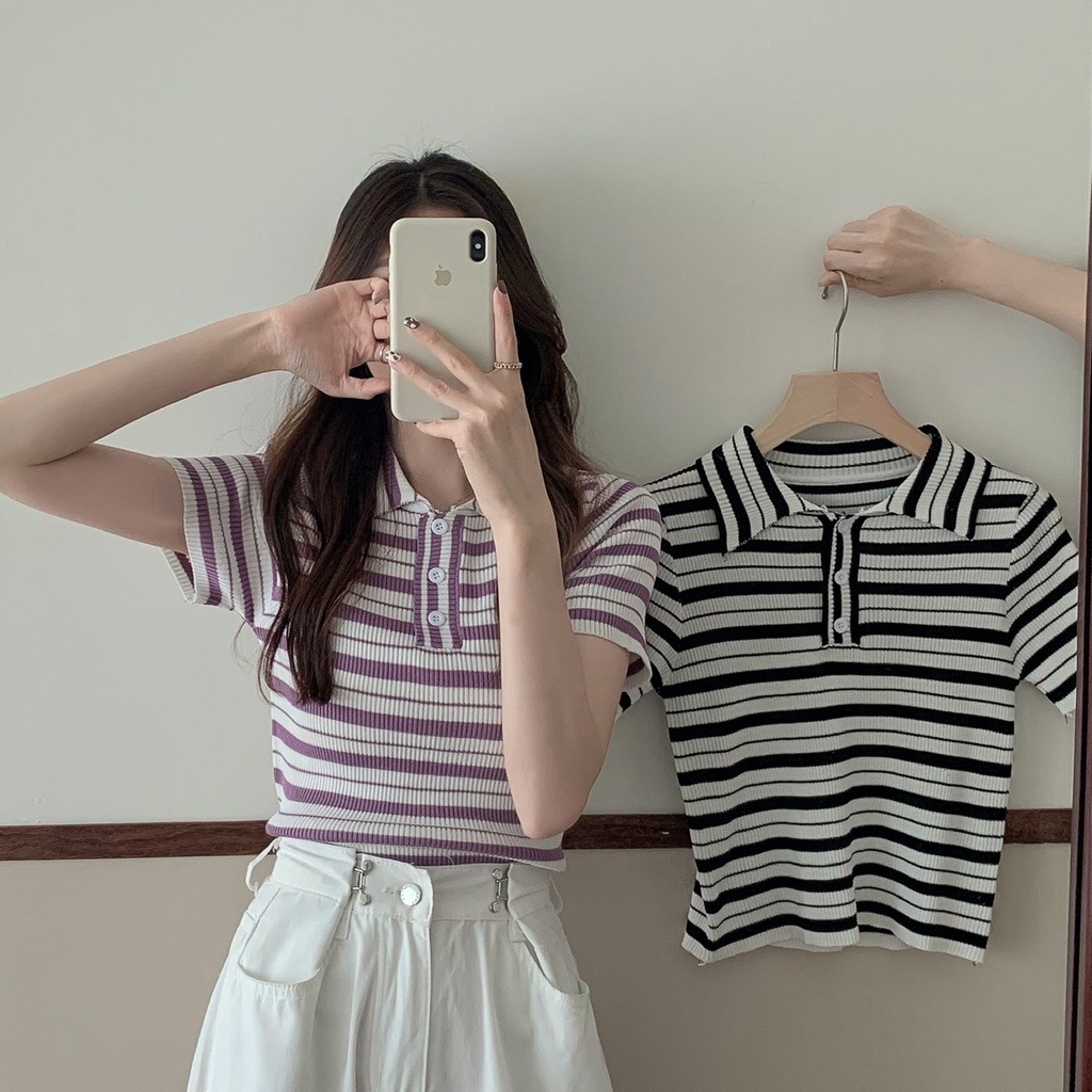 【ZHELIHANGFEI】 / Áo Sweater polo Ngắn Tay Vải Lụa Lạnh Mỏng Kẻ Sọc Có Cổ Thời Trang Mùa Hè Mới Cho Nữ