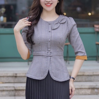 Áo sơ mi công sở nữ cổ bẻ cài nơ họa tiết kẻ chéo ngắn tay, áo sơ mi nữ | BigBuy360 - bigbuy360.vn