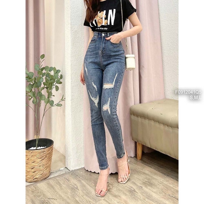 Quần jeans dài mài rách