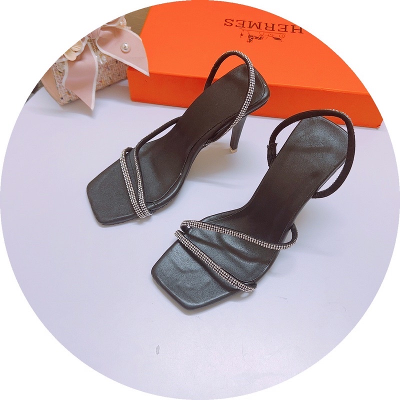 Sandal cao gót quai mảnh đá kép chéo chân hở mũi vuông gót nhọn đẹp nổi bật bắt mắt