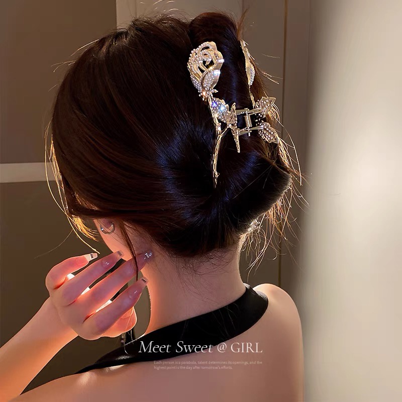 Kẹp Tóc Càng Cua Hàn Quốc Kim Loại Hình Hoa Hồng Đính Đá Ngọc Siêu Đẹp Sang Chảnh Mainia Shop