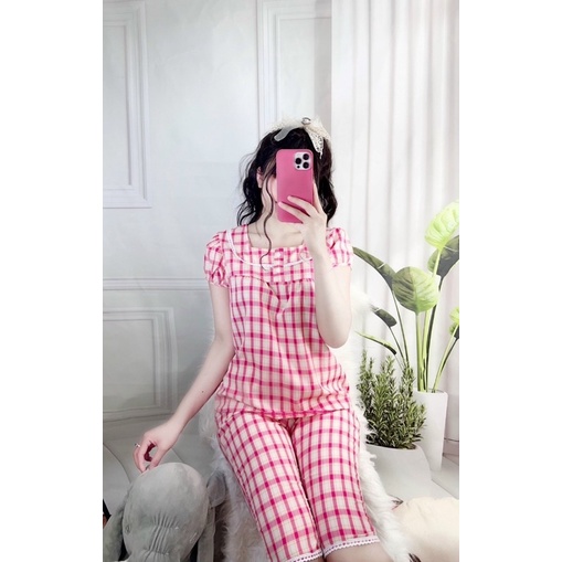 Đồ bộ nữ pijama mặc nhà - Bộ lửng chất đũi Hàn cao cấp mềm mát màu kẻ siêu xinh