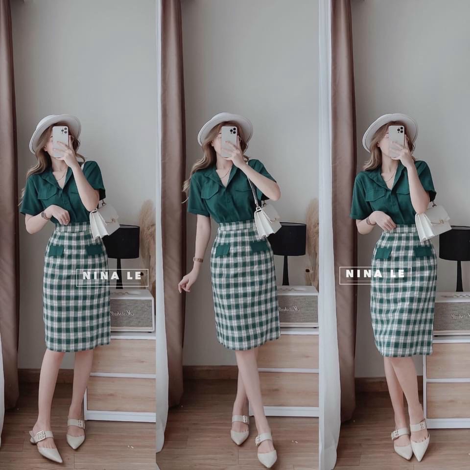 Set Bộ Đũi Áo Sơ Mi Tay Ngắn Có Túi Kèm Chân Váy Caro Dáng Dài