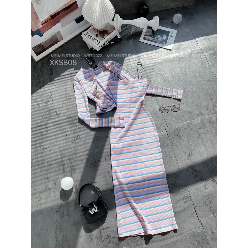 Set Colour 2 dây kẻ len tăm - Váy maxi ôm body và áo cardigan dài tay | XKSB08 | Meimei Studio