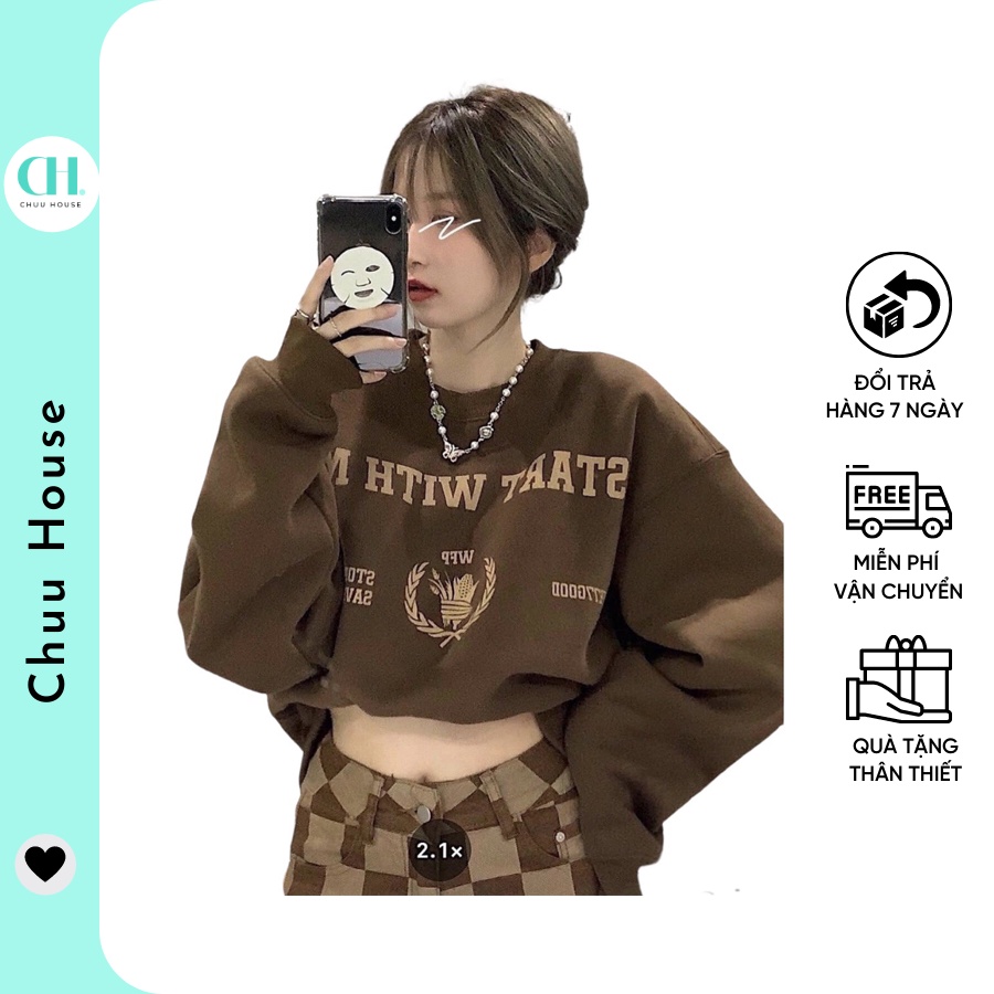 [Có Video + Ảnh Thật] Áo Sweater Nữ Họa Tiết Nâu Siêu Cá Tính Phong Cách Năng Động Chất Nỉ Dày Ấm - Chuu House - CH0209