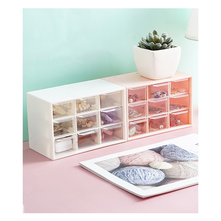 Tủ Mini 9 Ngăn Kéo Dễ Thương Để Bàn Chống Bụi Đựng Trang Sức Mĩ Phẩm Đồ Dùng Học Tập