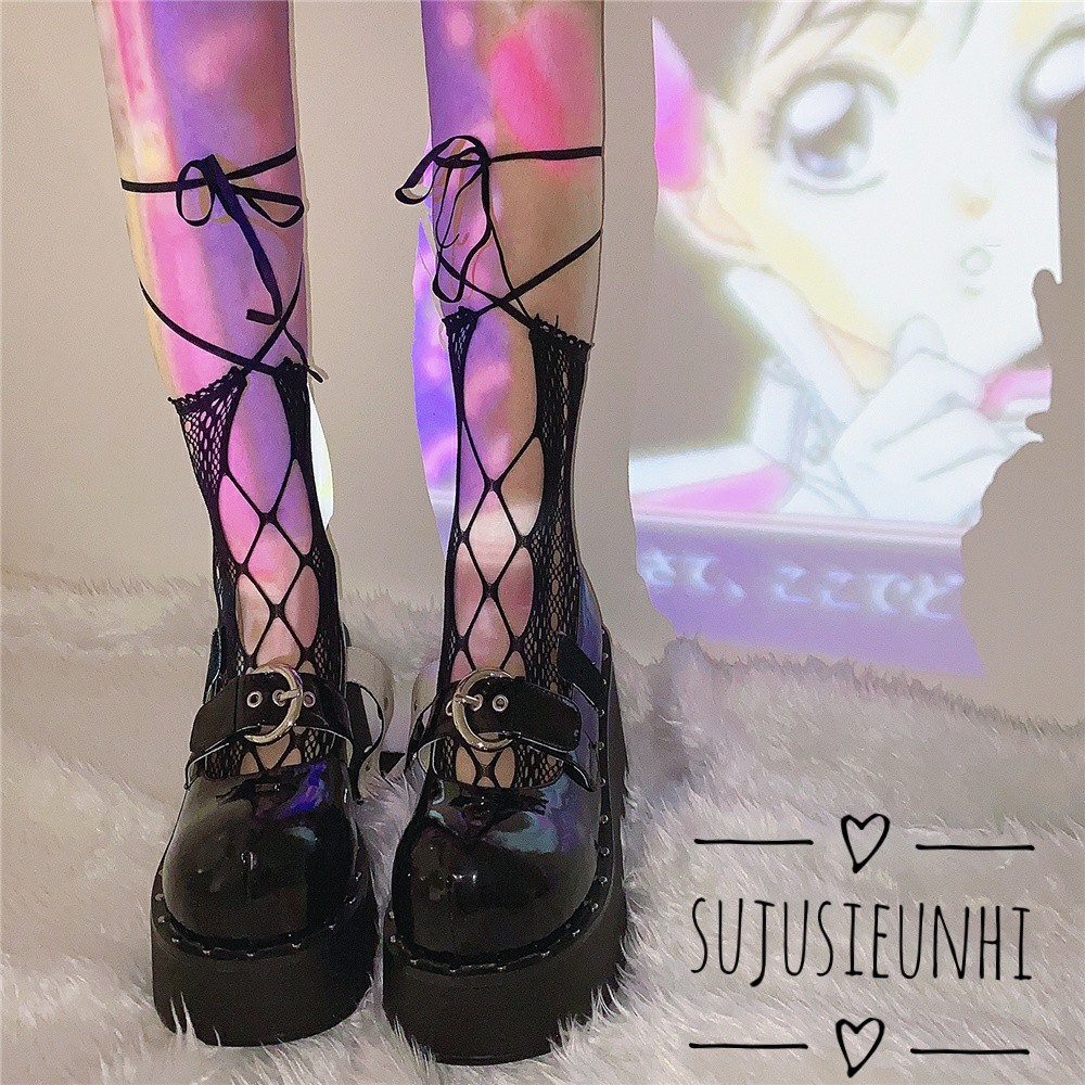 (2 màu) Tất ren đan chéo buộc dây lolita (dây buộc mỏng)