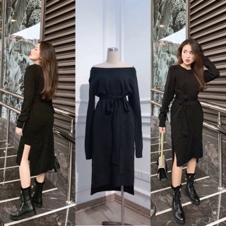 Váy len trễ vai buộc đai