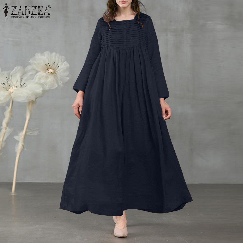Đầm ZANZEA Cho Nữ Tay Dài Cổ Vuông Xếp Ly Thời Trang