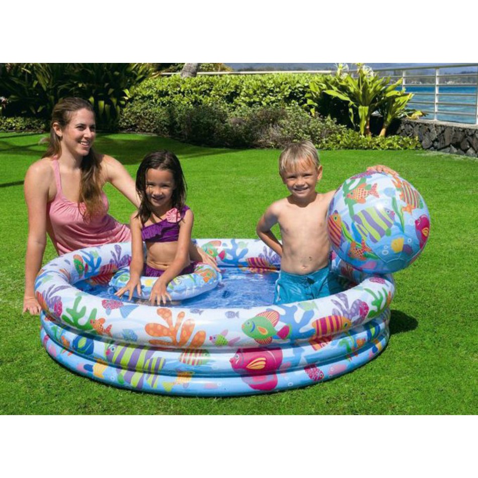 Phao bơi tròn 3 tầng gấp gọn thông minh - Bể tắm phao mùa hè cho bé trai và bé gái (Kèm bóng hơi và phao tròn)