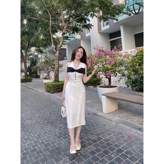 Váy dài nơ ngực khuy bọc