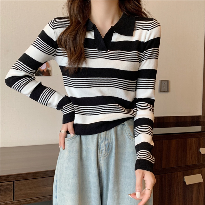 【ZHELIHANGFEI】Áo Thun POLO Dệt Kim Tay Dài Dáng Rộng Họa Tiết Kẻ Sọc Dễ Phối Đồ