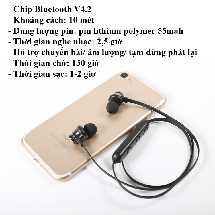 Tai nghe bluetooth 2 bên S8 có dây choàng cổ 2 đầu hít nam châm