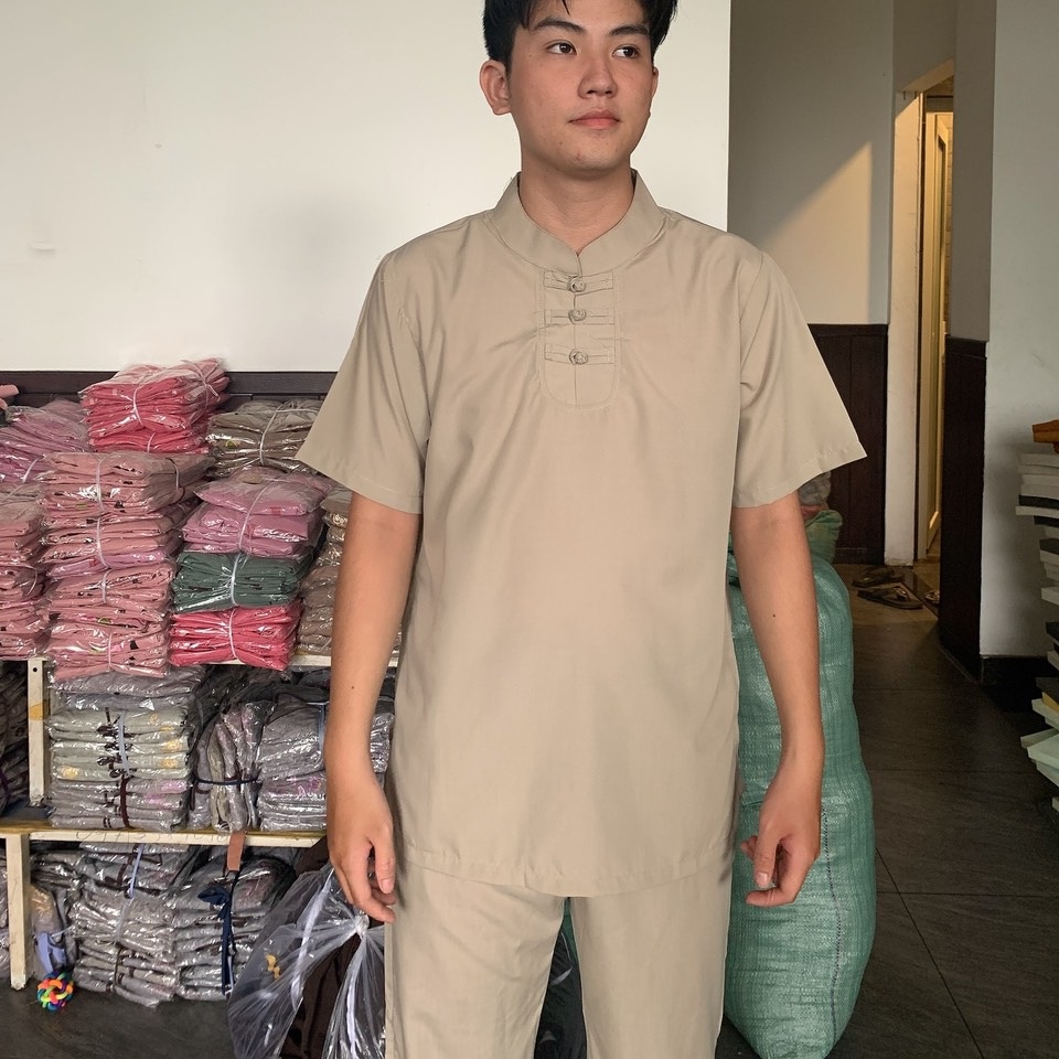 Bộ đồ lam nam đi chùa, Quần áo lam Phật tử nam đi chùa Giản dị kín đáo nẫu ba nút mã KAN01