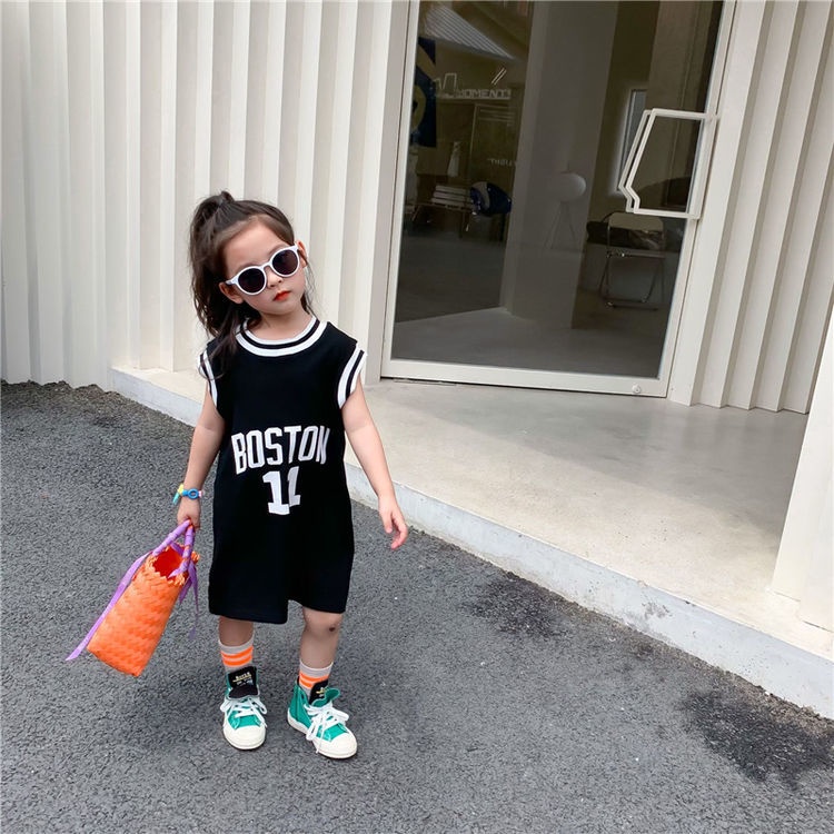 Đầm Cotton Chữ A Tay Lửng In Họa Tiết Bóng Rổ Thời Trang Mùa Hè Hàn Quốc Dành Cho Bé Gái