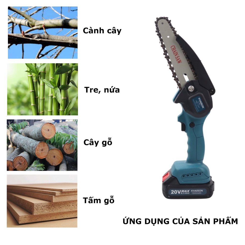 Máy cưa xích cưa gỗ cầm tay 6 inch 20v không chổi than Khaison bộ 2 pin