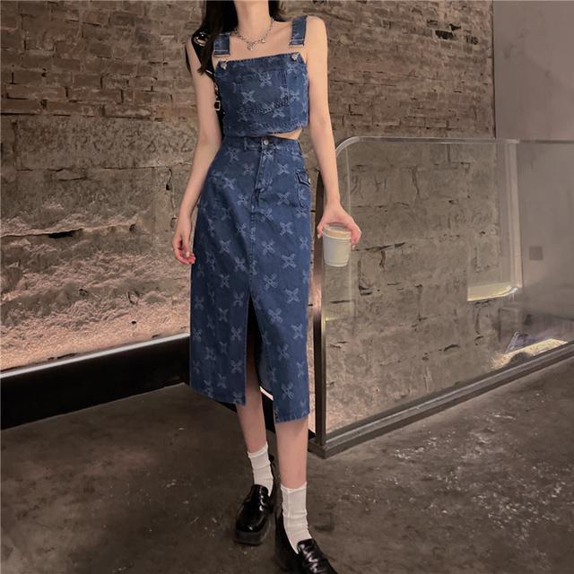 Set váy + áo denim hai dây dáng ngắn hở lưng phong cách Âu Mỹ gợi cảm dành cho nữ (có bán lẻ)