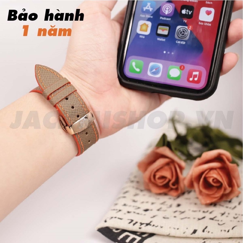 [BẢO HÀNH 1 NĂM] Dây Da EPSOM may tay thủ công màu Nâu tây chỉ Cam khóa Bướm cho Apple Watch series 1/2/3/4/5/6/7