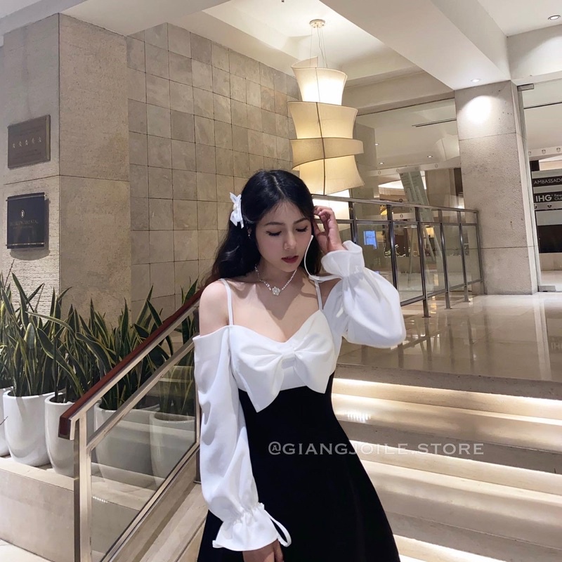 Đầm nữ nơ trễ vai TAY DÀI form chữ A kèm mút ngực Giangjoile.Store