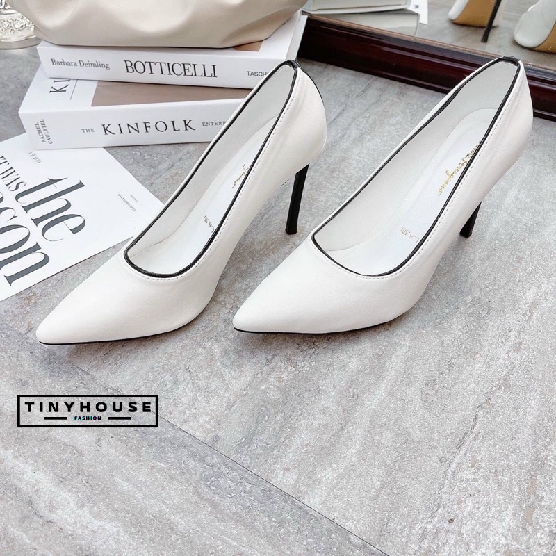 Siêu Phẩm Giày Búp Bê Cao Gót Trắng Valentino Viền Đen Cao 10p hàng đẹp xịn fullbox da pu cao cấp