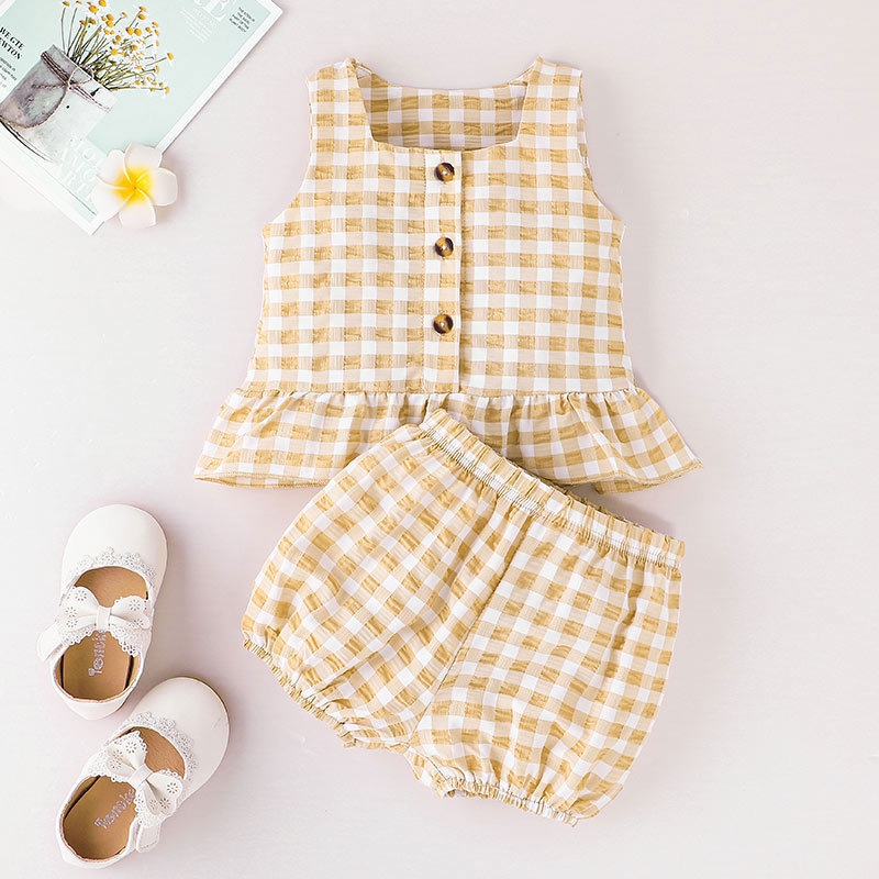 Combo bộ đồ bé gái 0-24 Tháng Kẻ Sọc Caro không tay áo ba lỗ quần đùi set mùa hè thời trang cho bé trẻ em sơ sinh