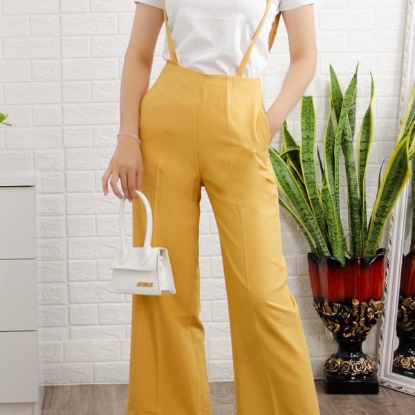 Set Áo Thun + Yếm Quần Tây Ống Suông Màu Vàng Siêu Sang Chảnh Siêu Tôn Dáng J0241