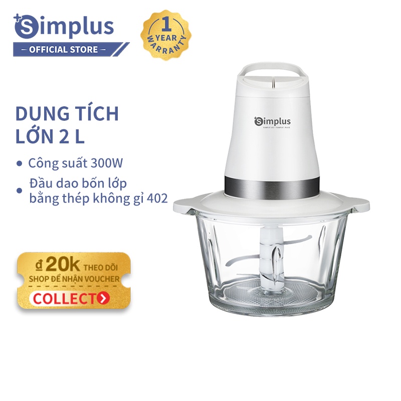 Máy xay thịt Simplus (2L), cối thủy tinh, lưỡi dao thép không gỉ, 2 cấp độ xay tùy chỉnh