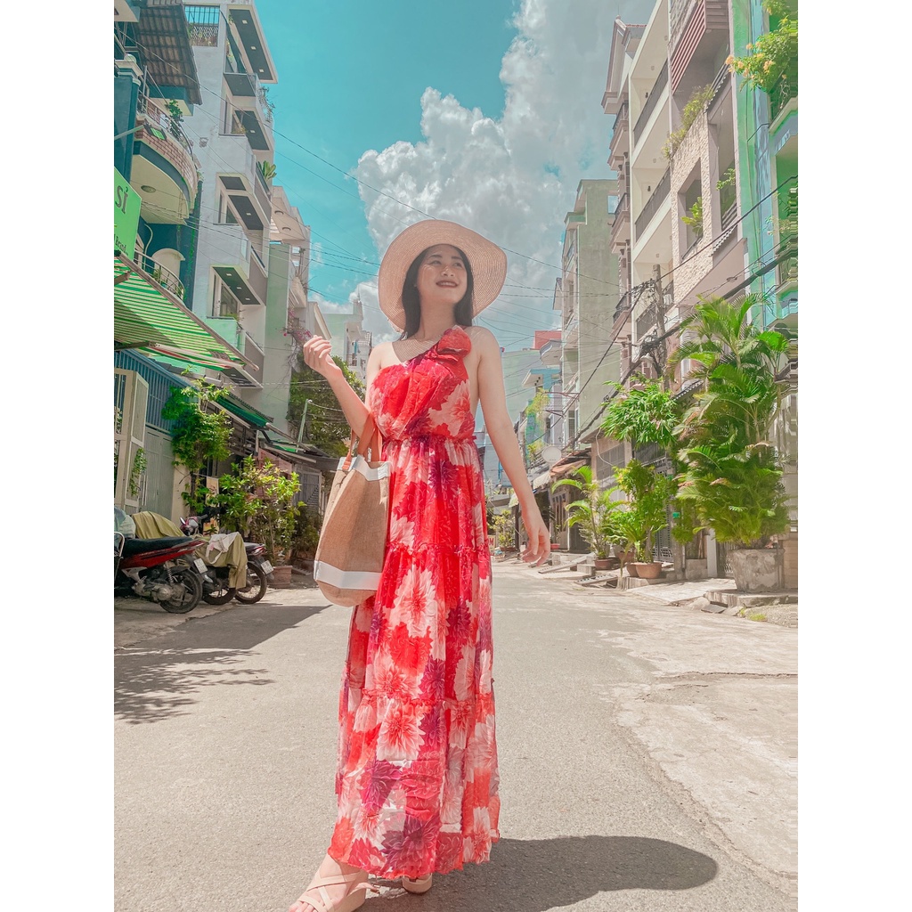 Đầm nữ đi biển lệch vai xinh đẹp dáng xoè kèm tag hoa váy maxi hở lưng cá tính phong cách xinh đẹp sang trọng