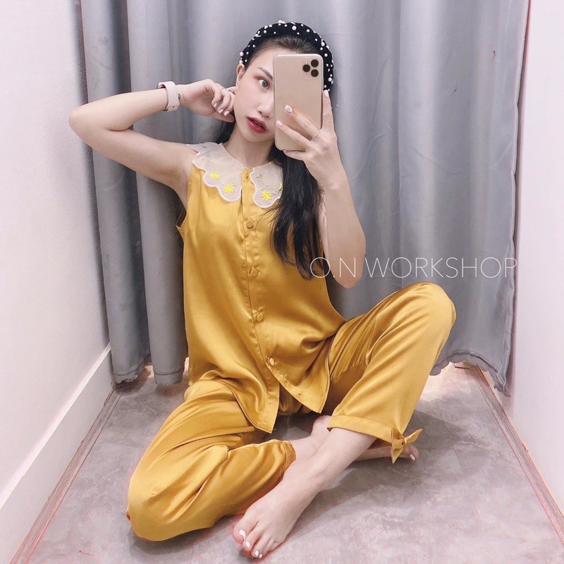 Set Pyjama lụa cổ hoa nhí sát nách 3 màu cao cấp