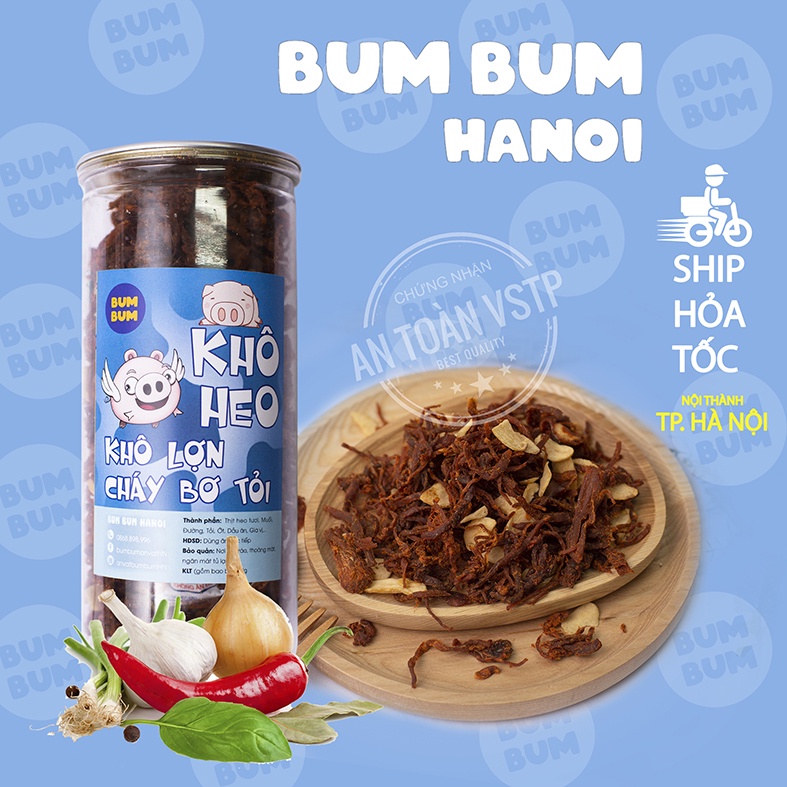 Khô heo, khô lợn cháy bơ tỏi BumBum (cay vừa) đồ ăn vặt Hà Nội vừa ngon vừa rẻ