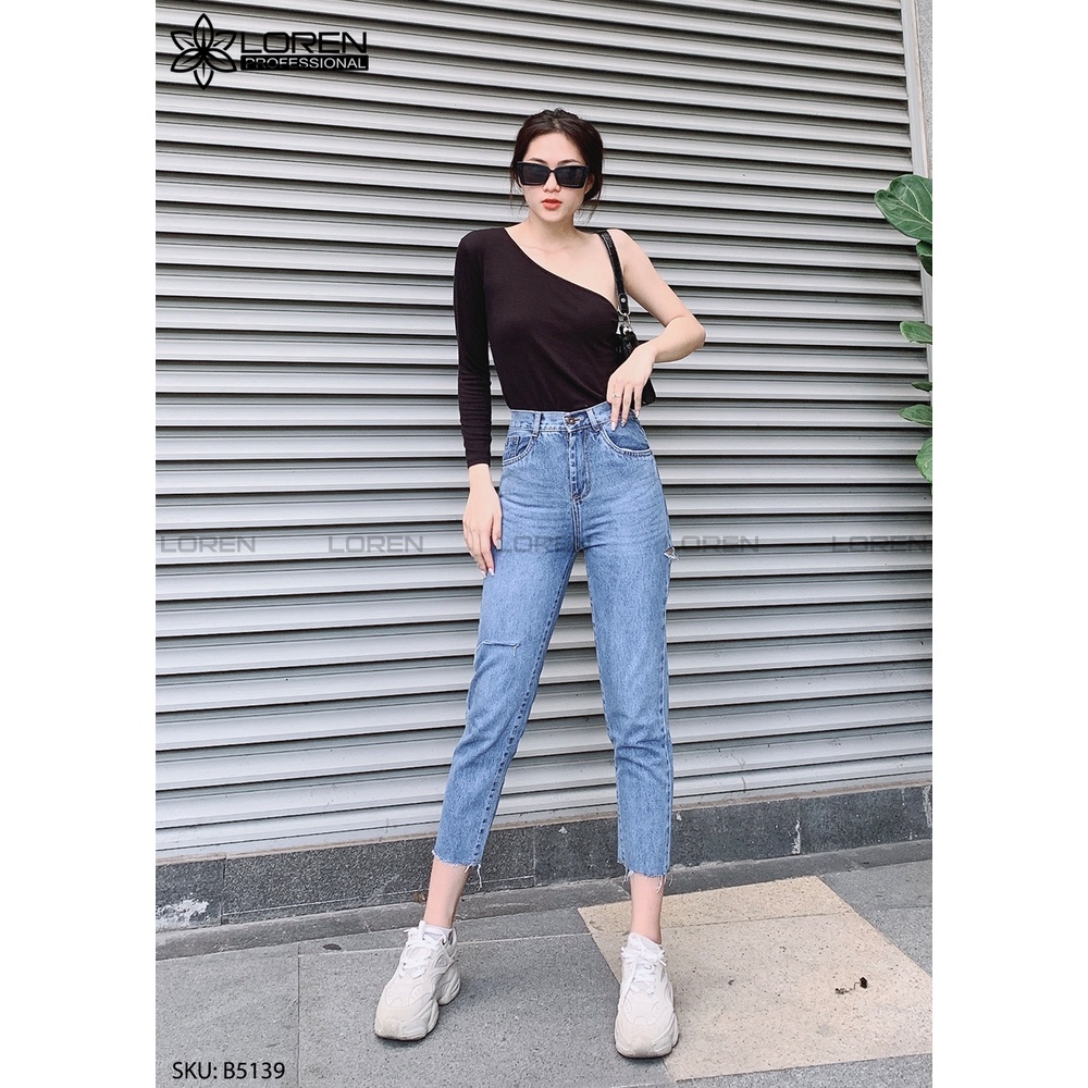 Quần jean baggy LOREN rách tua xanh B5139