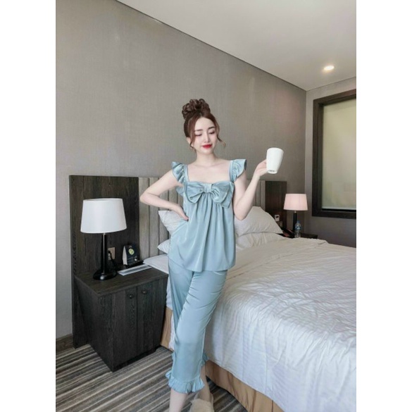 Bộ Lụa Satin Bèo Nơ Ngực mềm mướt ảnh thật sàn