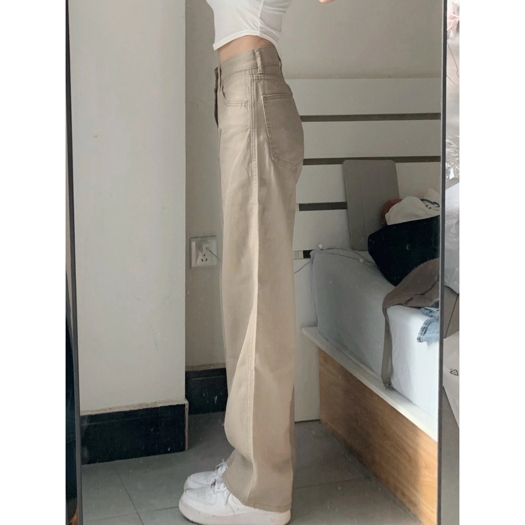 Quần ống rộng dáng suông nữ cạp cao, quần jean kaki ống đứng trơn màu nâu tây đủ size SM15