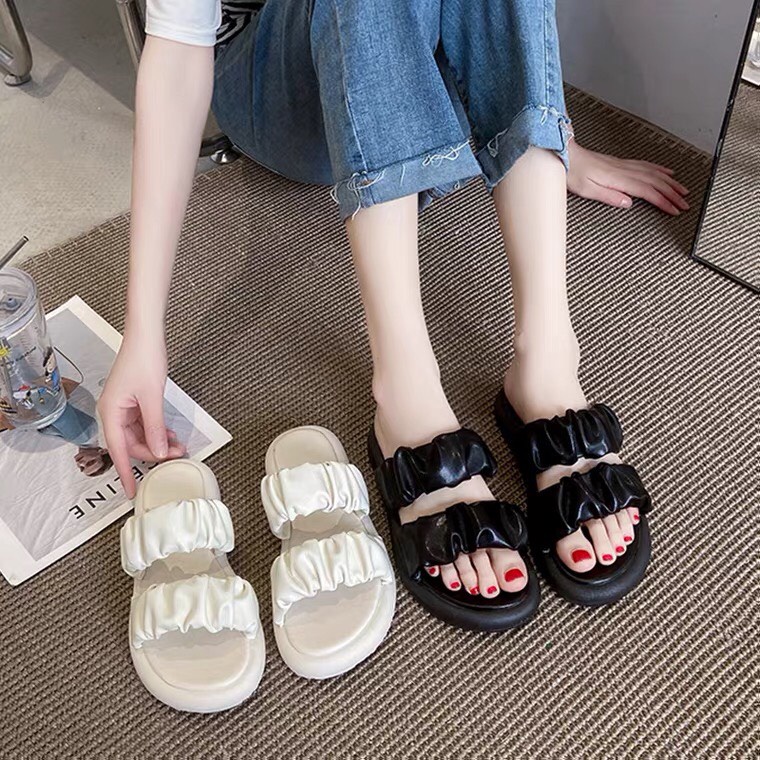 Dép quai ngang nữ , dép lê nữ đế xuồng bánh mì độn siêu nhẹ, quai nhún phồng thiết kế trẻ trung phong cách ulzzang