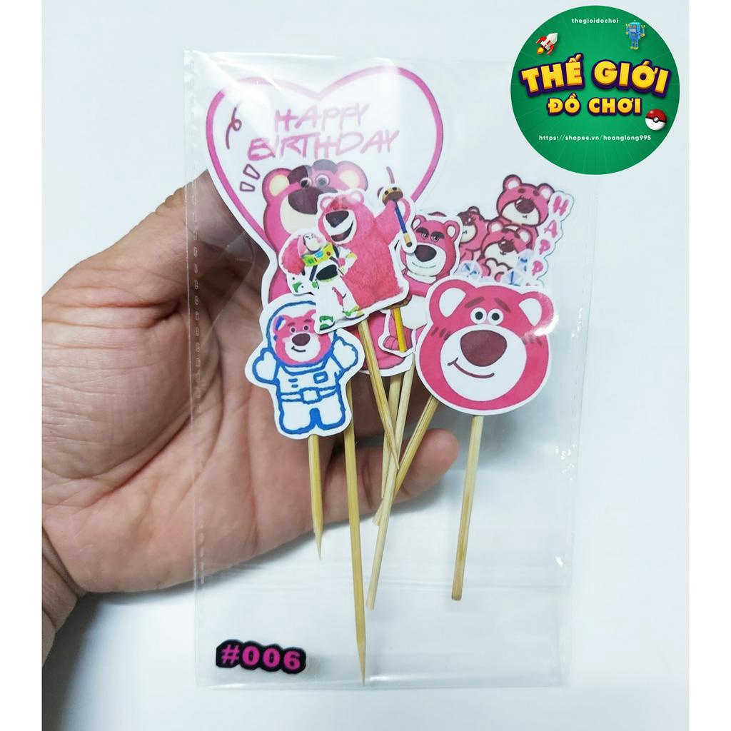 (mẫu 006) Que cắm bánh kem hình Gấu dâu Lotso, trang tri sinh nhật, topper bánh kem