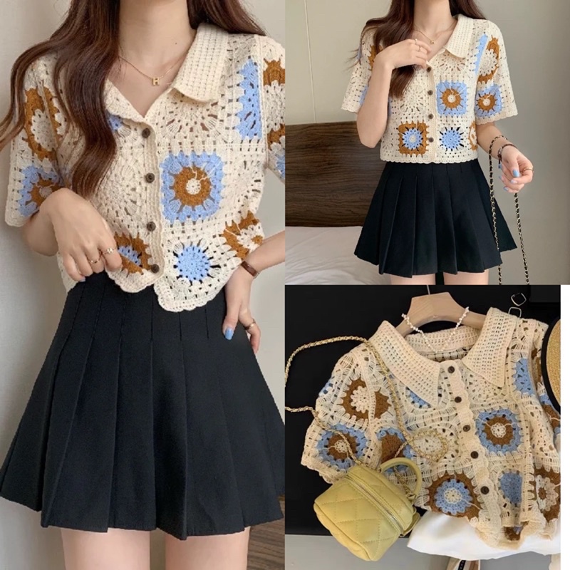 [Ảnh thật/Video]Áo len croptop AMA mhoa thêu xịn xò Áo mongto ghi dáng đẹp hàng Quảng Châu