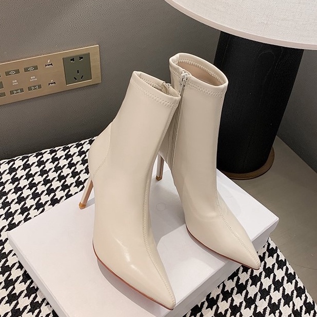 Giày bốt boot cao gót cổ thấp mũi nhọn gót nhỏ dây kéo bên 7cm da lì ôm cổ chân thu đông 2022