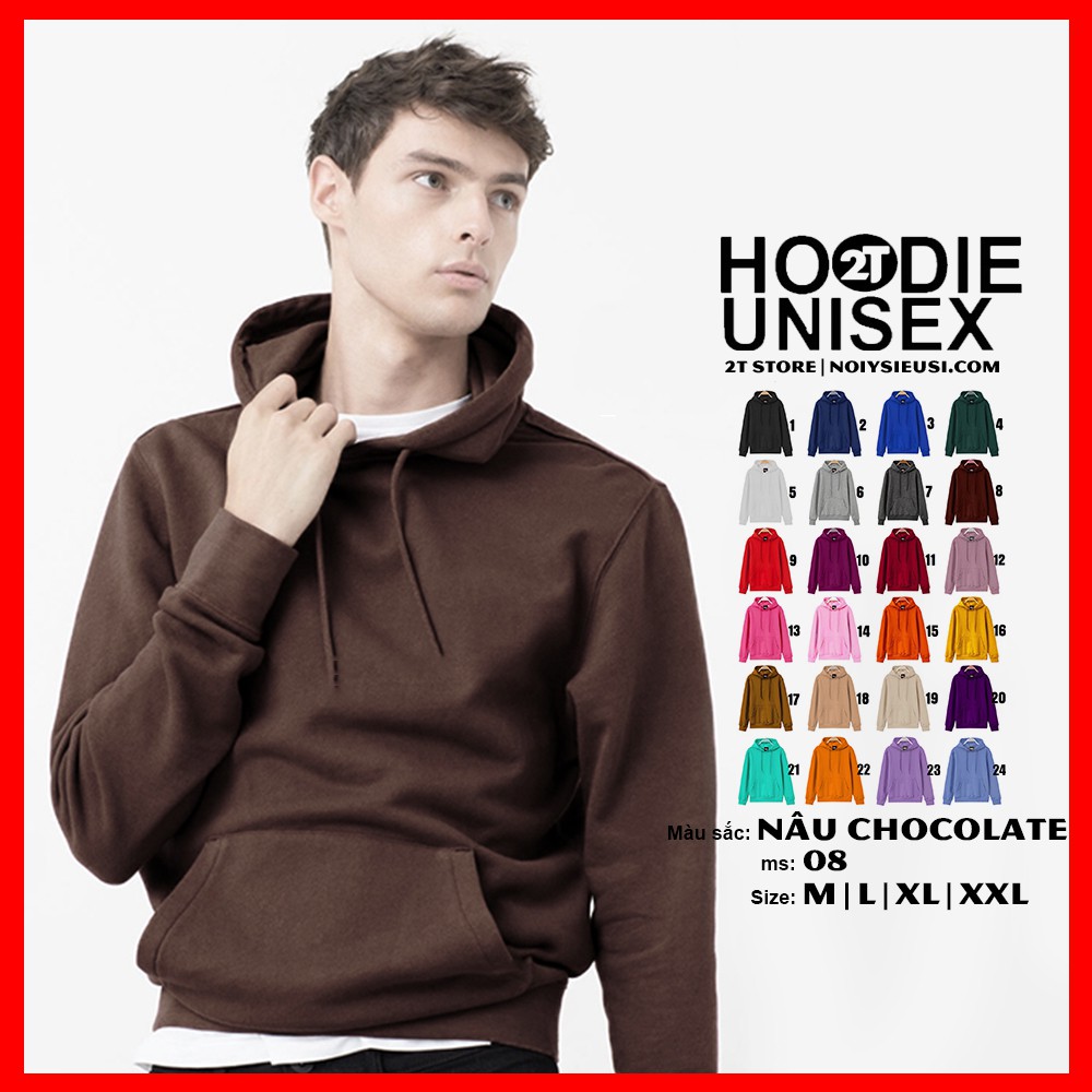 Áo hoodie unisex 2T Store H08 màu nâu chocolate - Áo khoác nỉ chui đầu nón 2 lớp dày dặn đẹp chất lượng